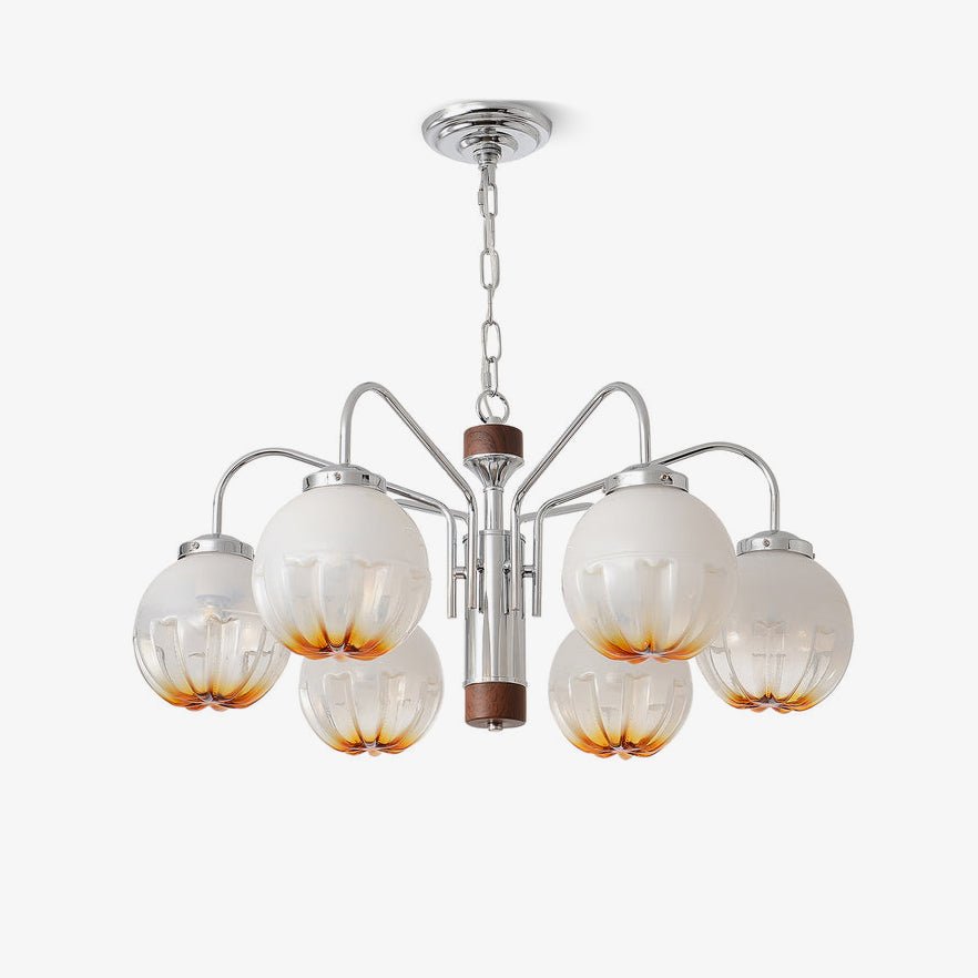Modern Walnut Wood Flower Bud Chandelier with Frosted Glass Shades and Chrome Finish