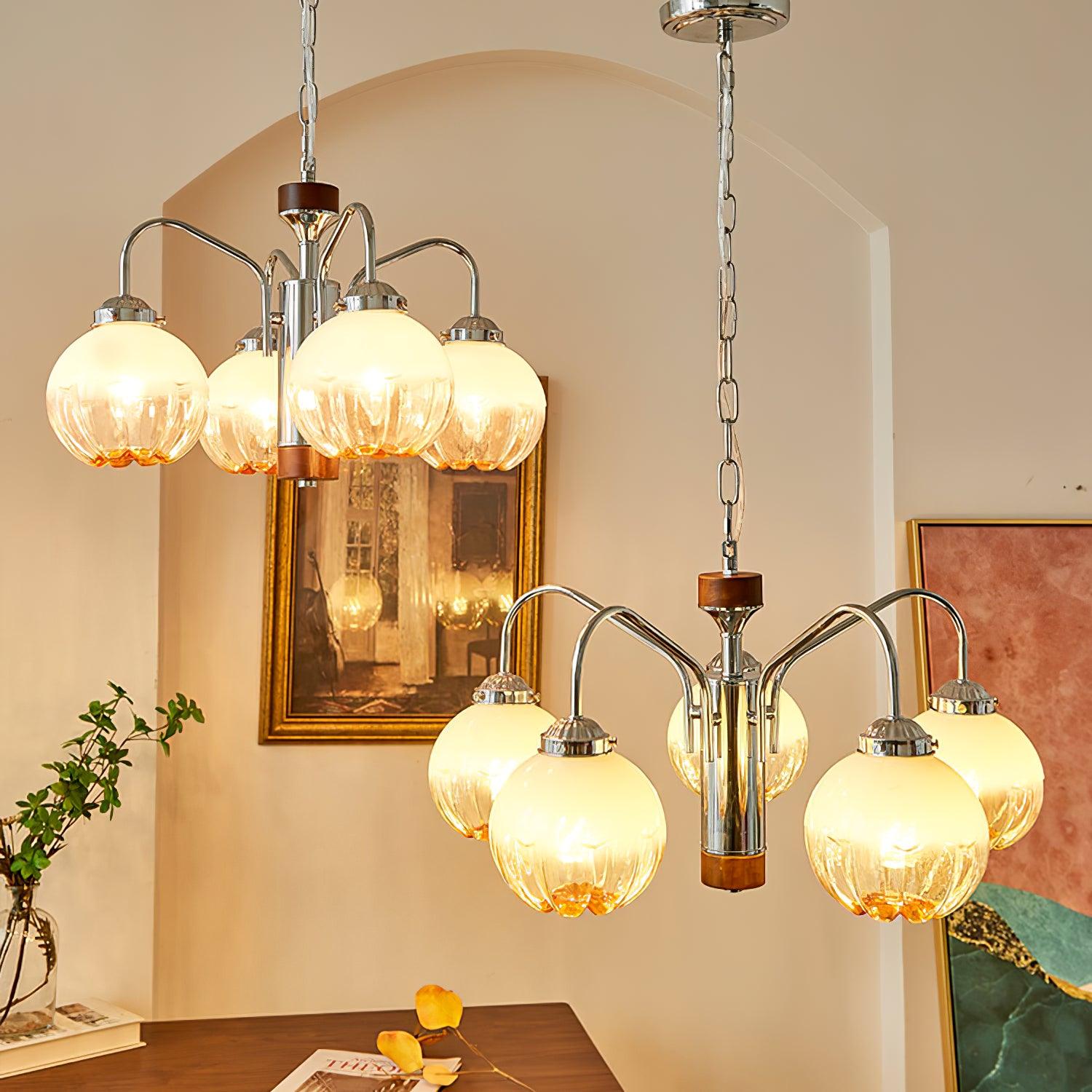 Modern Walnut Wood Flower Bud Chandelier with Frosted Glass Shades and Chrome Finish