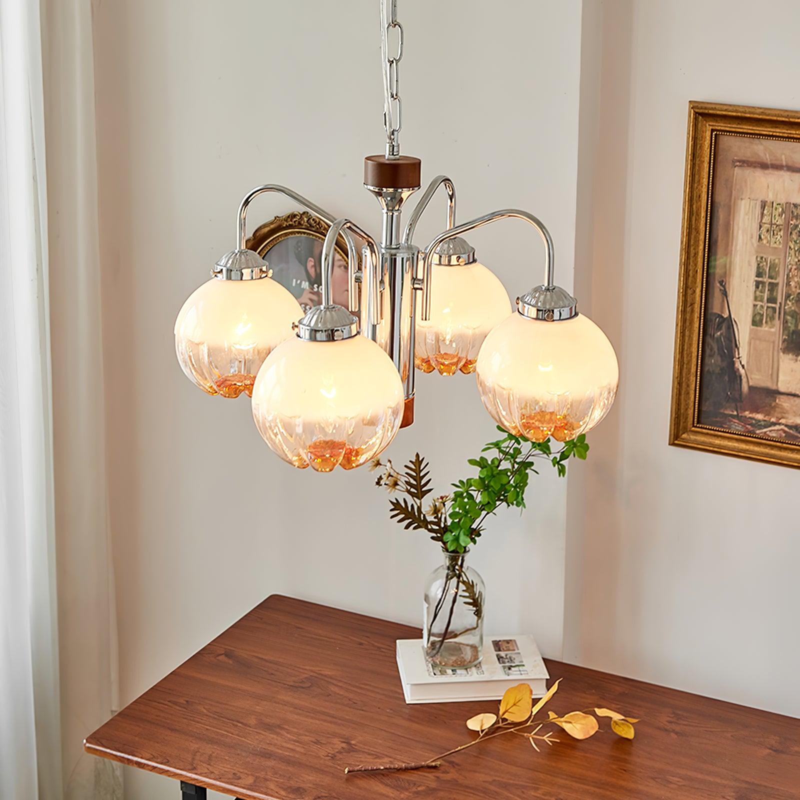 Modern Walnut Wood Flower Bud Chandelier with Frosted Glass Shades and Chrome Finish