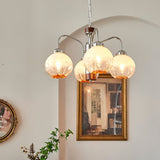 Modern Walnut Wood Flower Bud Chandelier with Frosted Glass Shades and Chrome Finish