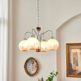 Modern Walnut Wood Flower Bud Chandelier with Frosted Glass Shades and Chrome Finish