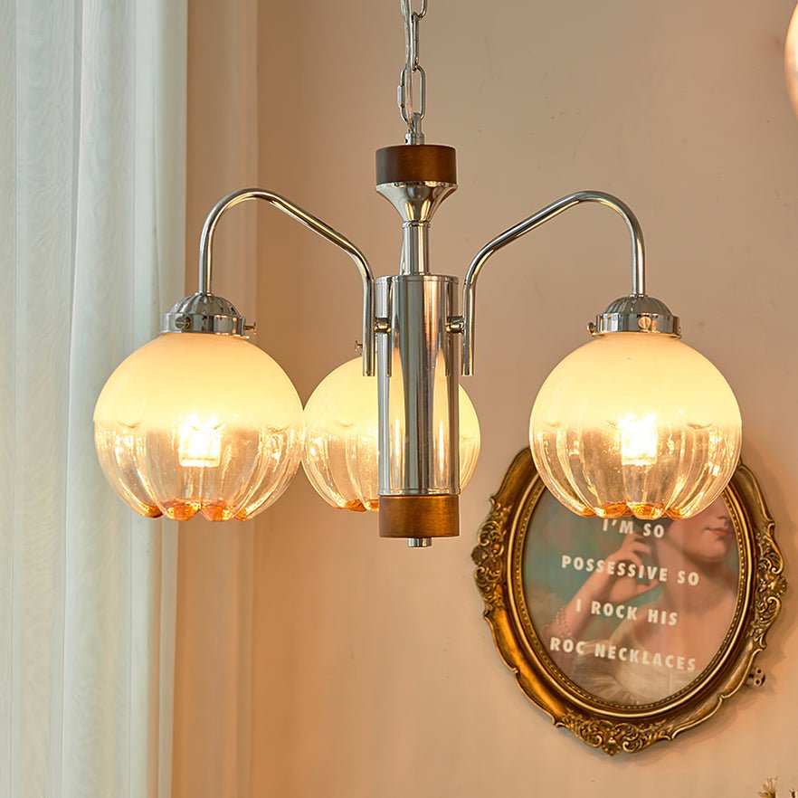 Modern Walnut Wood Flower Bud Chandelier with Frosted Glass Shades and Chrome Finish