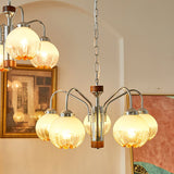 Modern Walnut Wood Flower Bud Chandelier with Frosted Glass Shades and Chrome Finish