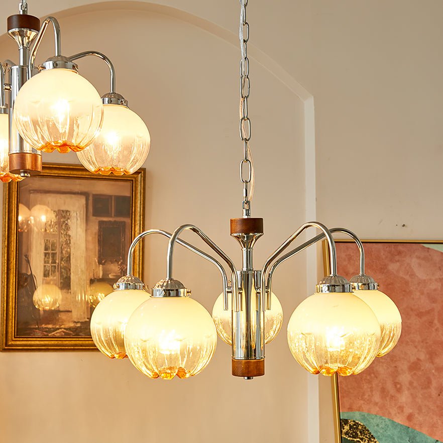 Modern Walnut Wood Flower Bud Chandelier with Frosted Glass Shades and Chrome Finish