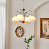 Modern Walnut Wood Flower Bud Chandelier with Frosted Glass Shades and Chrome Finish