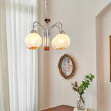 Modern Walnut Wood Flower Bud Chandelier with Frosted Glass Shades and Chrome Finish