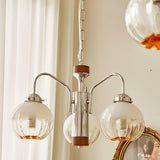 Modern Walnut Wood Flower Bud Chandelier with Frosted Glass Shades and Chrome Finish