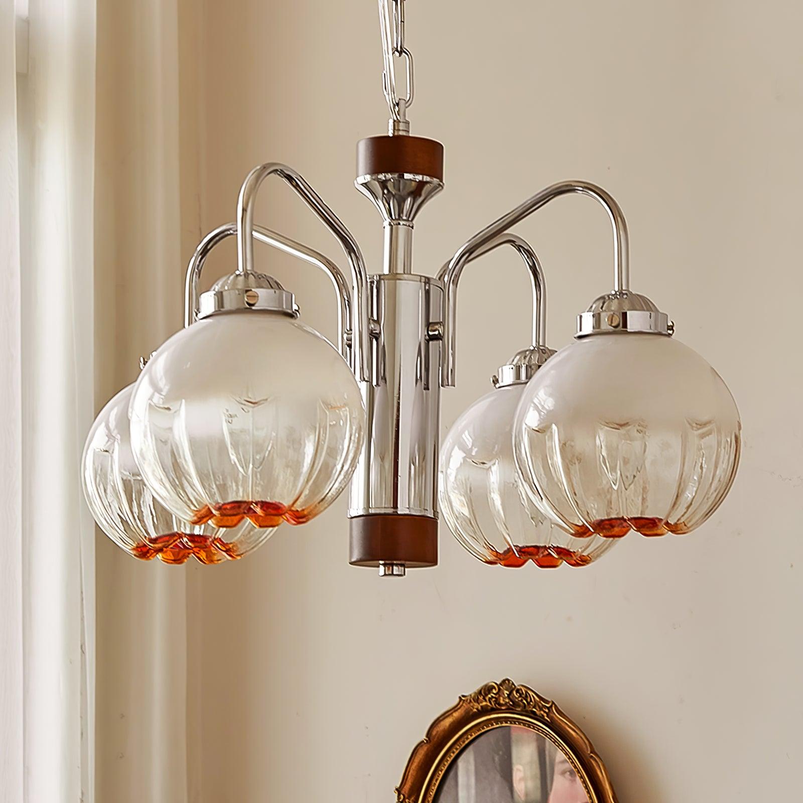 Modern Walnut Wood Flower Bud Chandelier with Frosted Glass Shades and Chrome Finish