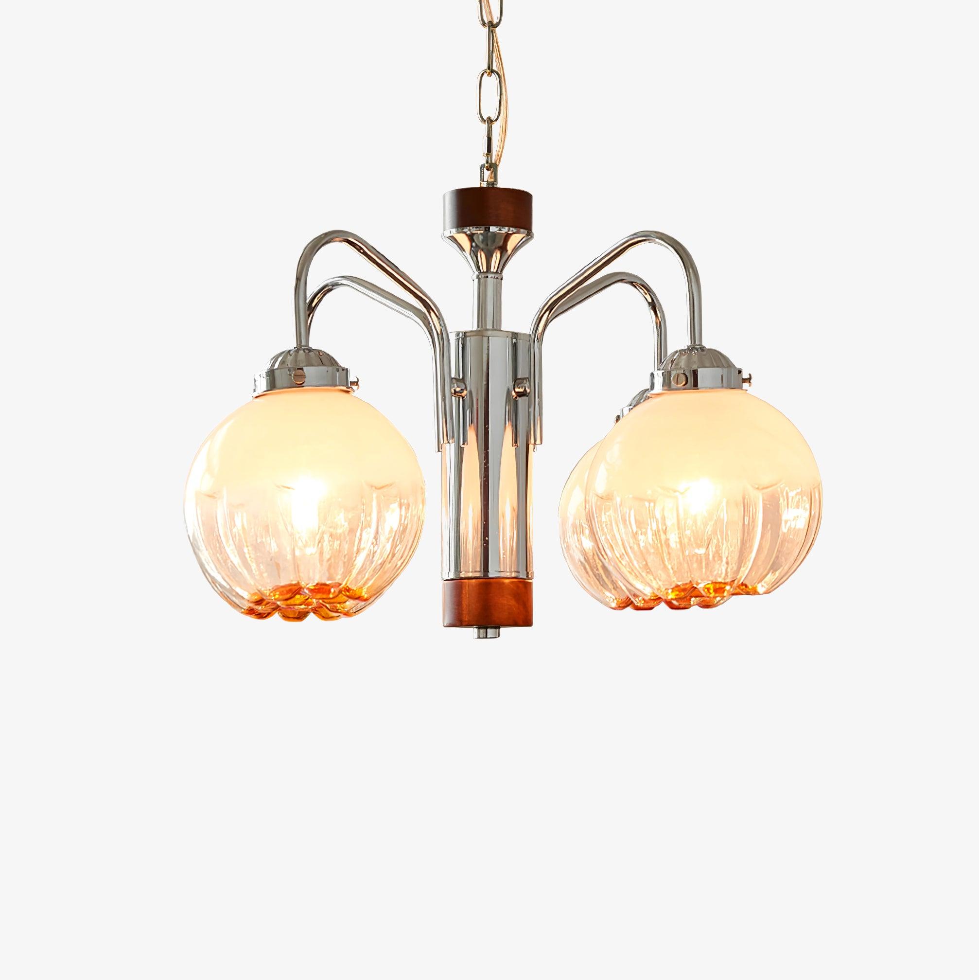 Modern Walnut Wood Flower Bud Chandelier with Frosted Glass Shades and Chrome Finish
