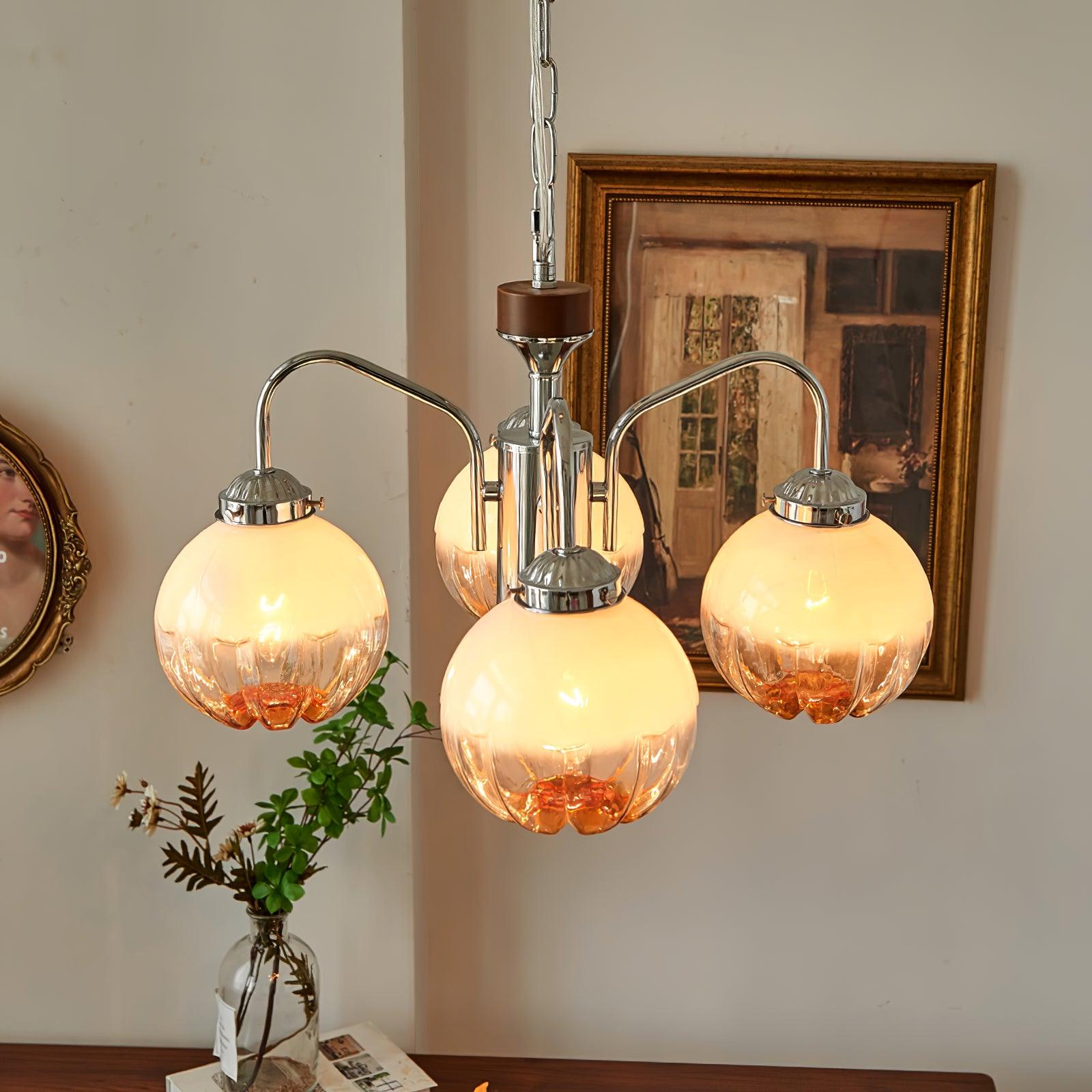 Modern Walnut Wood Flower Bud Chandelier with Frosted Glass Shades and Chrome Finish