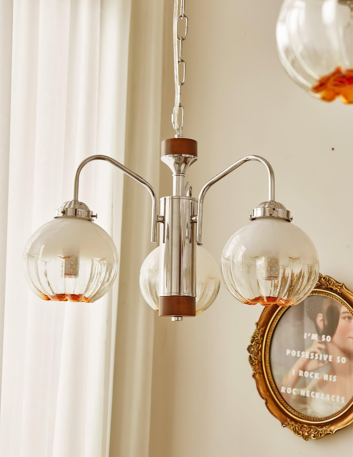 Modern Walnut Wood Flower Bud Chandelier with Frosted Glass Shades and Chrome Finish