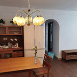 Modern Walnut Wood Flower Bud Chandelier with Frosted Glass Shades and Chrome Finish