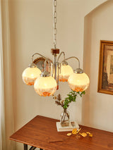 Modern Walnut Wood Flower Bud Chandelier with Frosted Glass Shades and Chrome Finish