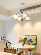 Modern Walnut Wood Flower Bud Chandelier with Frosted Glass Shades and Chrome Finish