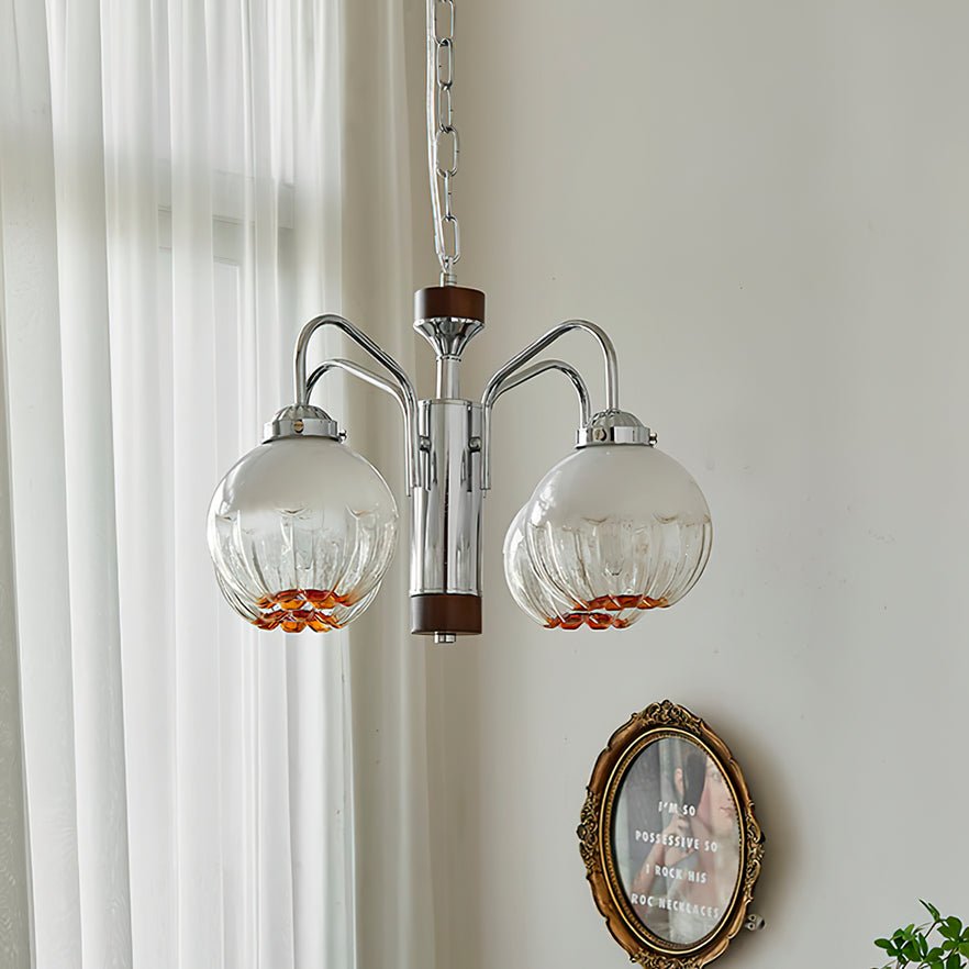 Modern Walnut Wood Flower Bud Chandelier with Frosted Glass Shades and Chrome Finish