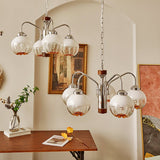 Modern Walnut Wood Flower Bud Chandelier with Frosted Glass Shades and Chrome Finish