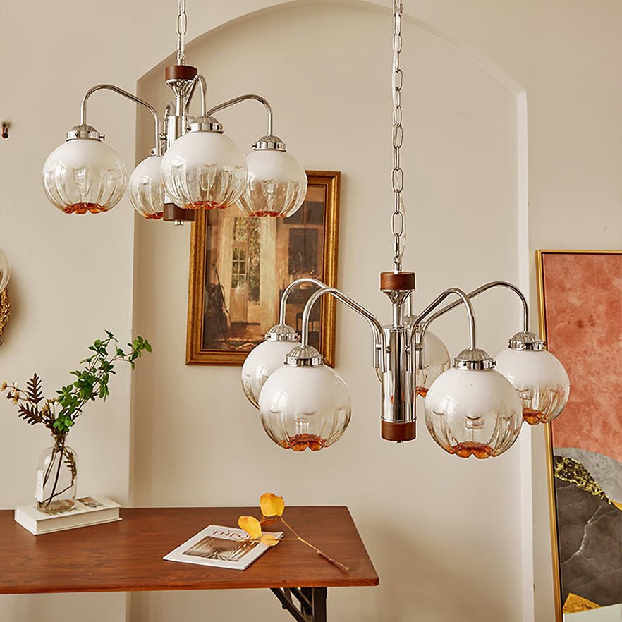 Modern Walnut Wood Flower Bud Chandelier with Frosted Glass Shades and Chrome Finish