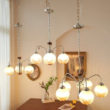 Modern Walnut Wood Flower Bud Chandelier with Frosted Glass Shades and Chrome Finish