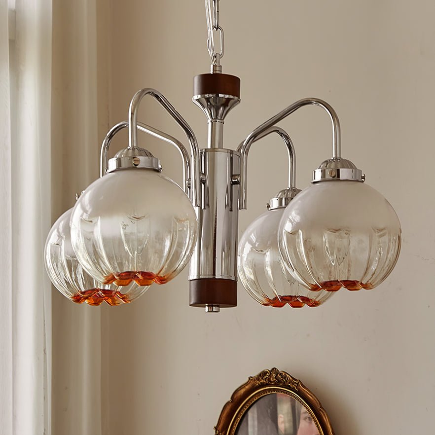 Modern Walnut Wood Flower Bud Chandelier with Frosted Glass Shades and Chrome Finish