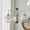 Modern Walnut Wood Flower Bud Chandelier with Frosted Glass Shades and Chrome Finish