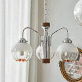 Modern Walnut Wood Flower Bud Chandelier with Frosted Glass Shades and Chrome Finish