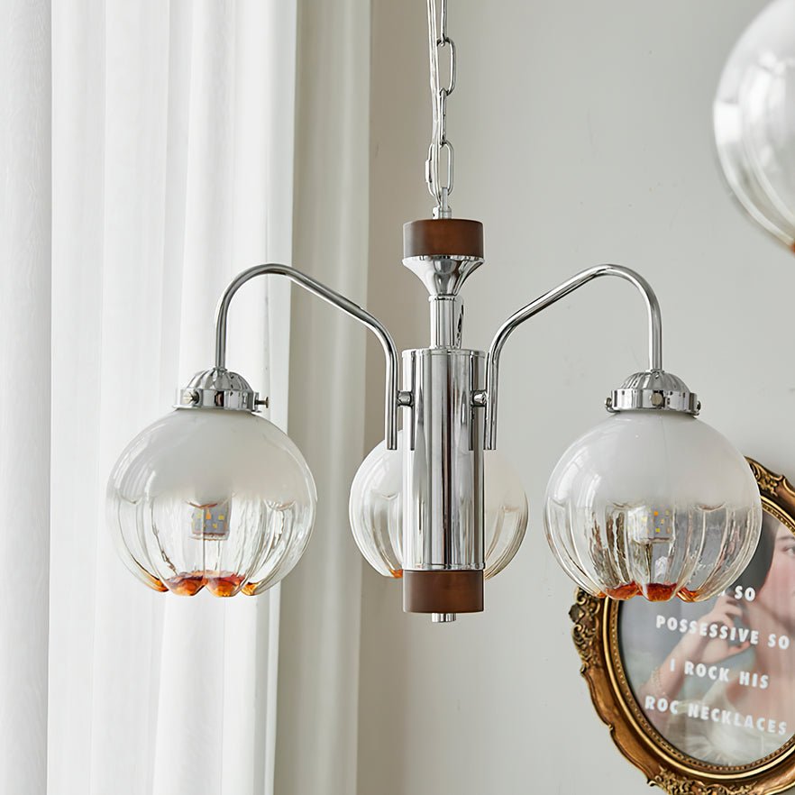 Modern Walnut Wood Flower Bud Chandelier with Frosted Glass Shades and Chrome Finish