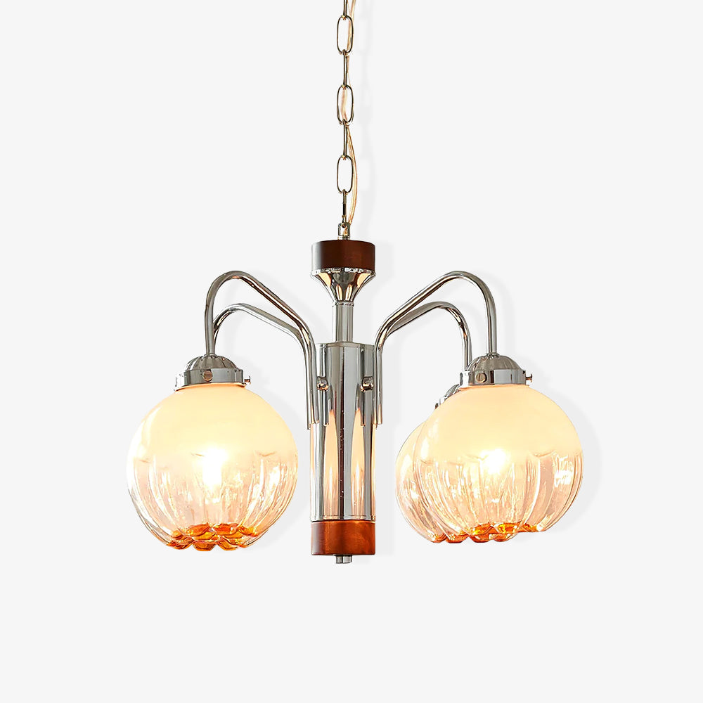 Modern Walnut Wood Flower Bud Chandelier with Frosted Glass Shades and Chrome Finish