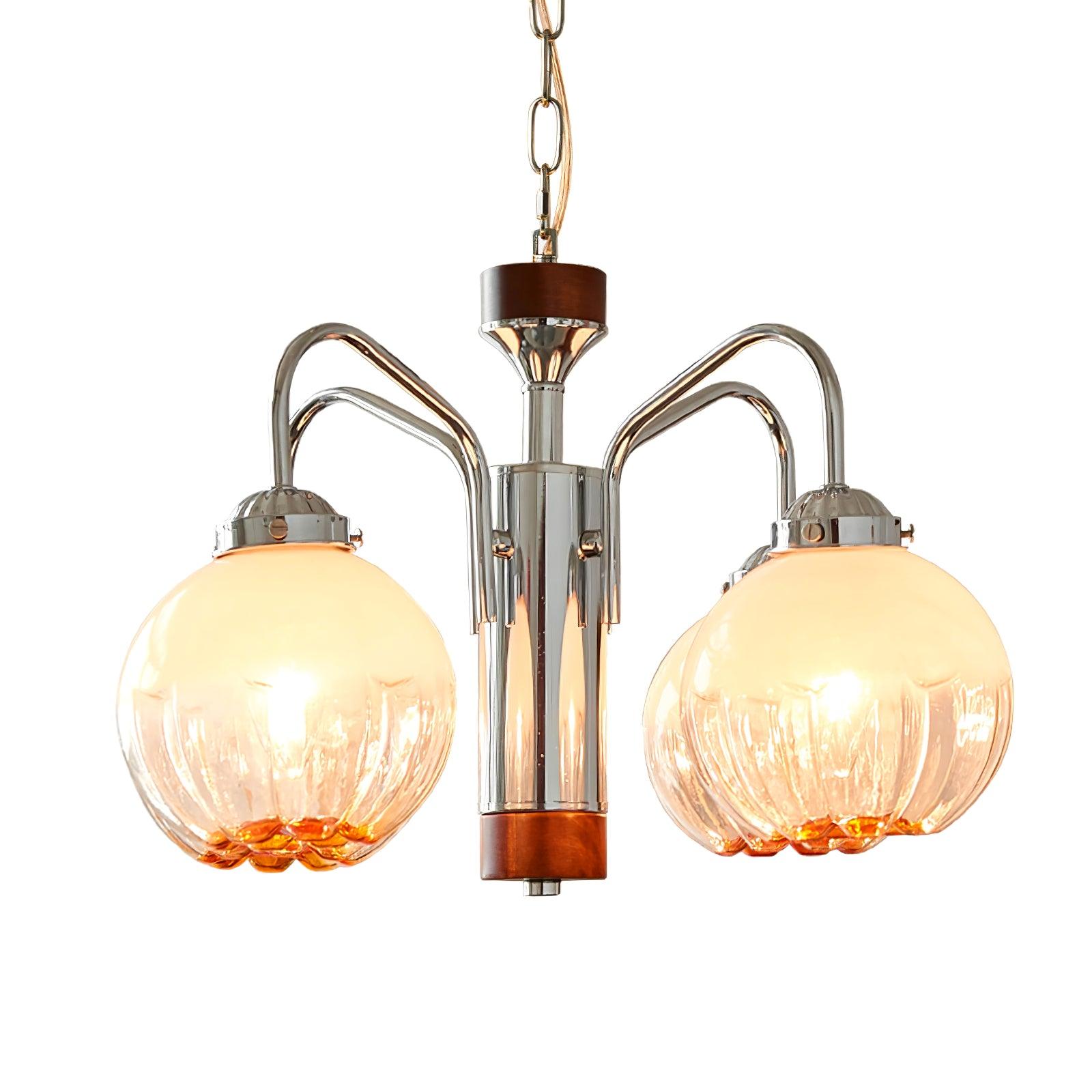 Modern Walnut Wood Flower Bud Chandelier with Frosted Glass Shades and Chrome Finish