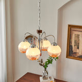 Modern Walnut Wood Flower Bud Chandelier with Frosted Glass Shades and Chrome Finish