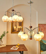 Modern Walnut Wood Flower Bud Chandelier with Frosted Glass Shades and Chrome Finish