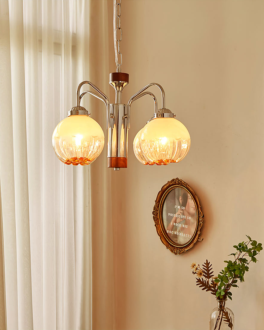 Modern Walnut Wood Flower Bud Chandelier with Frosted Glass Shades and Chrome Finish