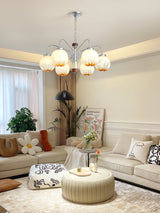 Modern Walnut Wood Flower Bud Chandelier with Frosted Glass Shades and Chrome Finish