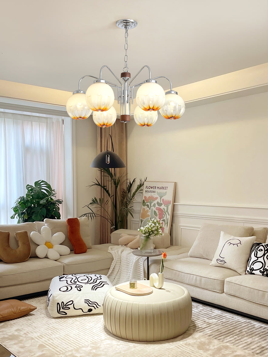 Modern Walnut Wood Flower Bud Chandelier with Frosted Glass Shades and Chrome Finish