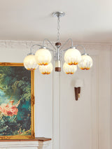 Modern Walnut Wood Flower Bud Chandelier with Frosted Glass Shades and Chrome Finish
