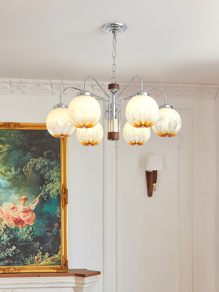 Modern Walnut Wood Flower Bud Chandelier with Frosted Glass Shades and Chrome Finish