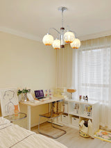 Modern Walnut Wood Flower Bud Chandelier with Frosted Glass Shades and Chrome Finish