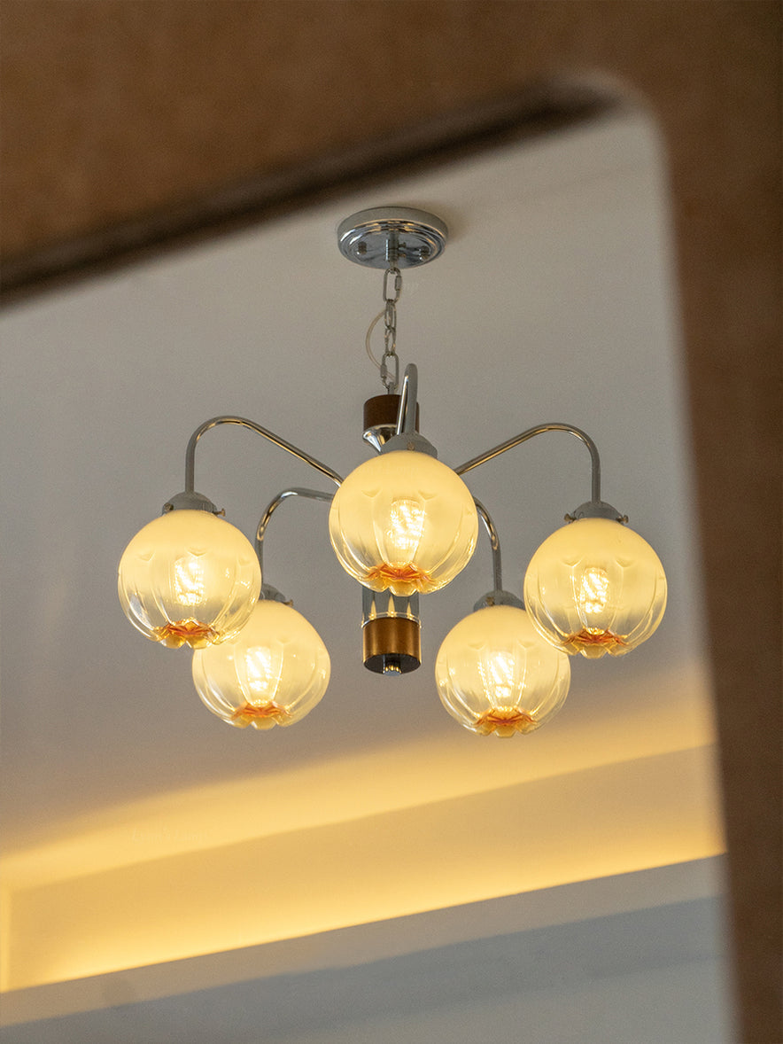 Modern Walnut Wood Flower Bud Chandelier with Frosted Glass Shades and Chrome Finish