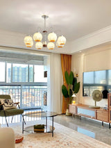 Modern Walnut Wood Flower Bud Chandelier with Frosted Glass Shades and Chrome Finish