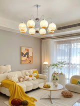 Modern Walnut Wood Flower Bud Chandelier with Frosted Glass Shades and Chrome Finish