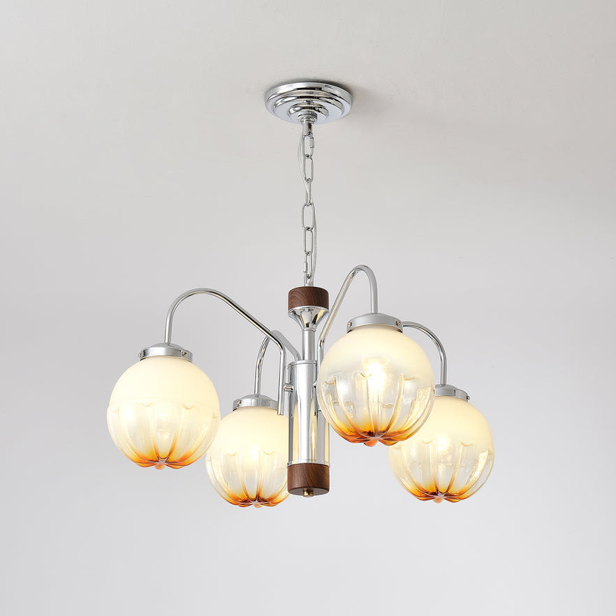 Modern Walnut Wood Flower Bud Chandelier with Frosted Glass Shades and Chrome Finish