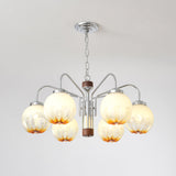 Modern Walnut Wood Flower Bud Chandelier with Frosted Glass Shades and Chrome Finish