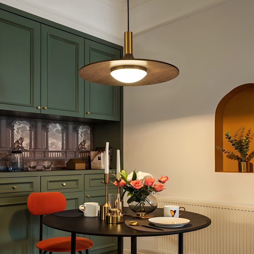 Modern Walnut Wood Flying Saucer Pendant Light Nordic LED Hanging Chandelier for Dining Room