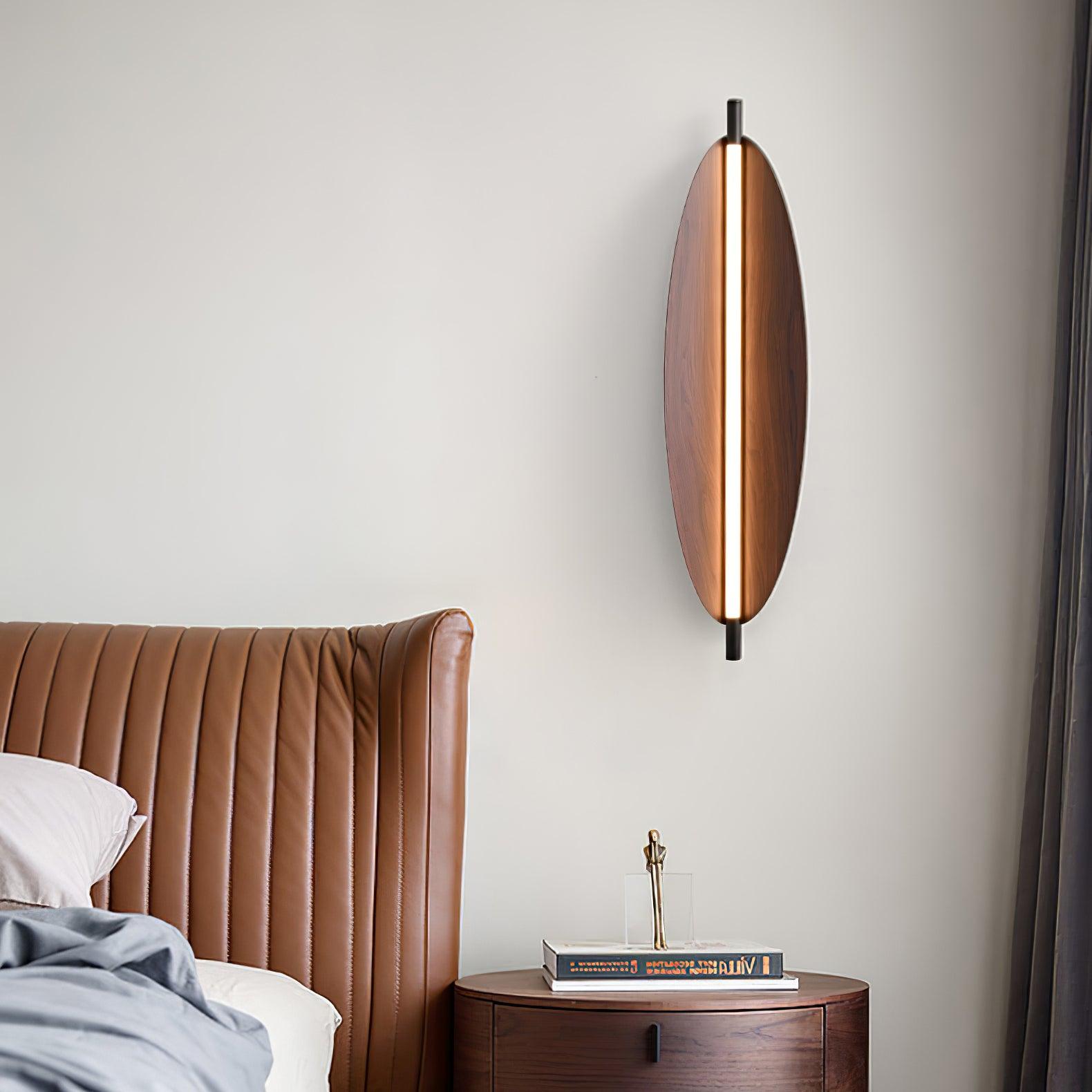 Modern Walnut Wood Grain LED Wall Sconce with Sleek Minimalist Board Design and Warm Lighting