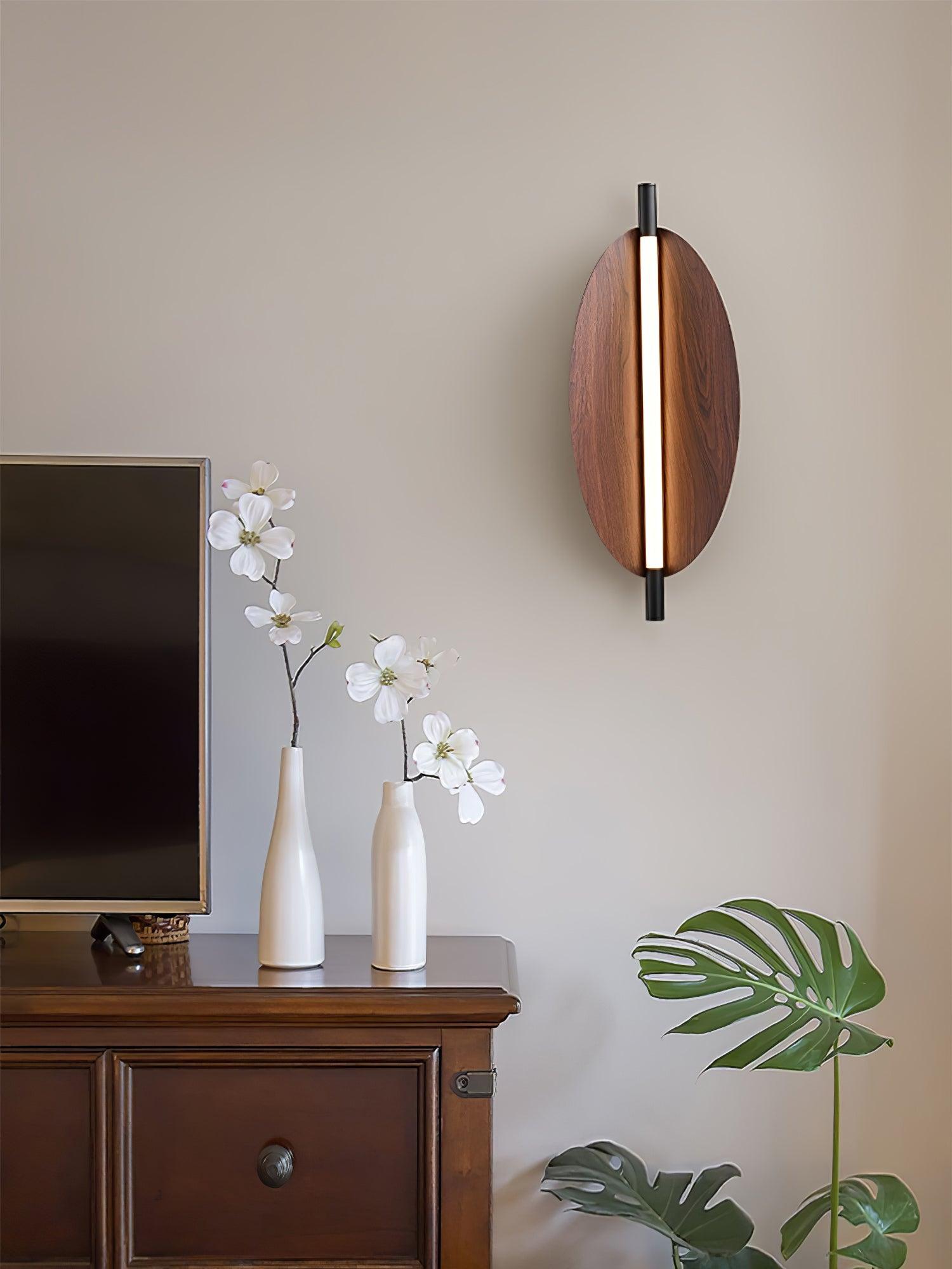 Modern Walnut Wood Grain LED Wall Sconce with Sleek Minimalist Board Design and Warm Lighting
