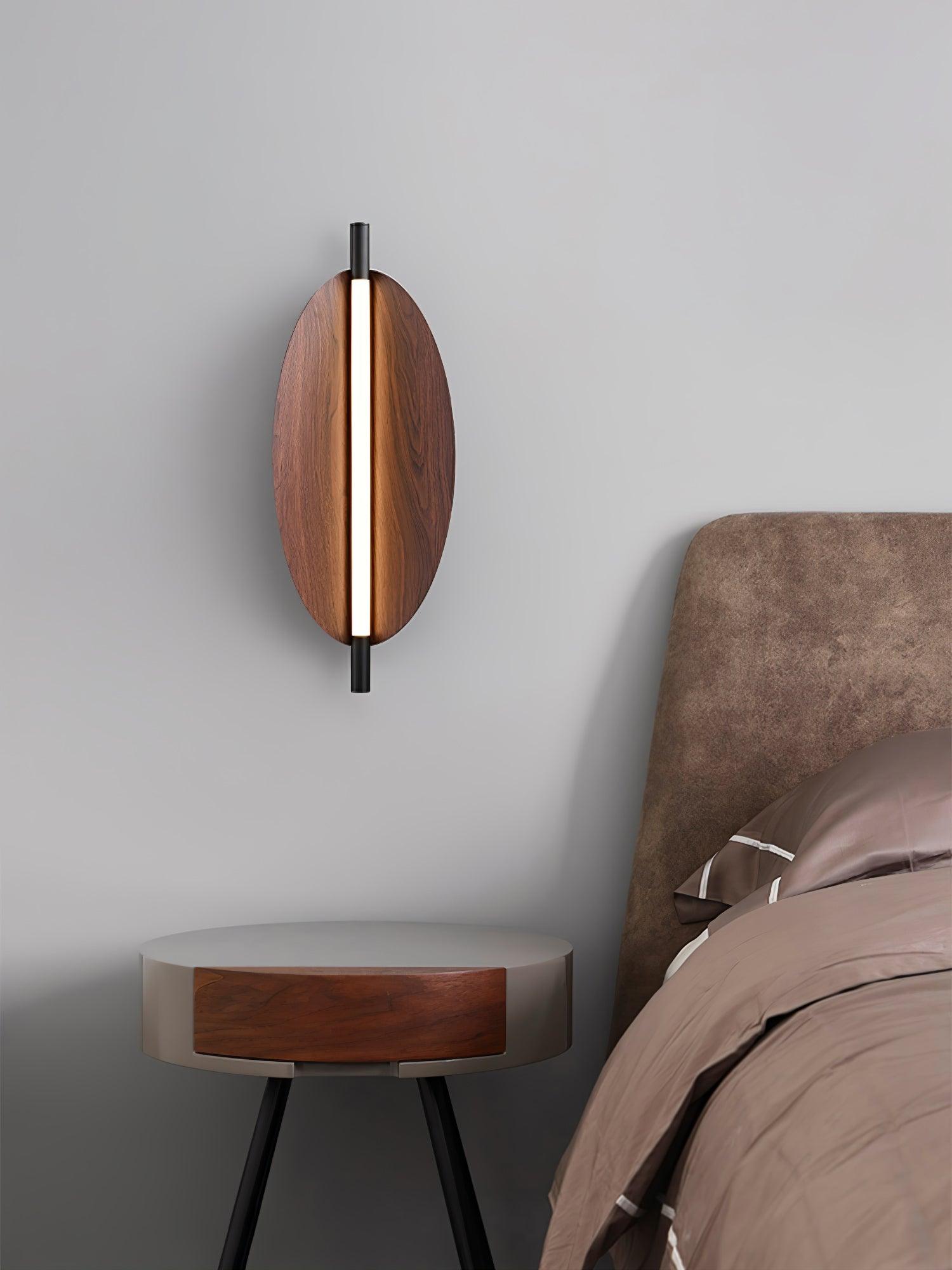 Modern Walnut Wood Grain LED Wall Sconce with Sleek Minimalist Board Design and Warm Lighting