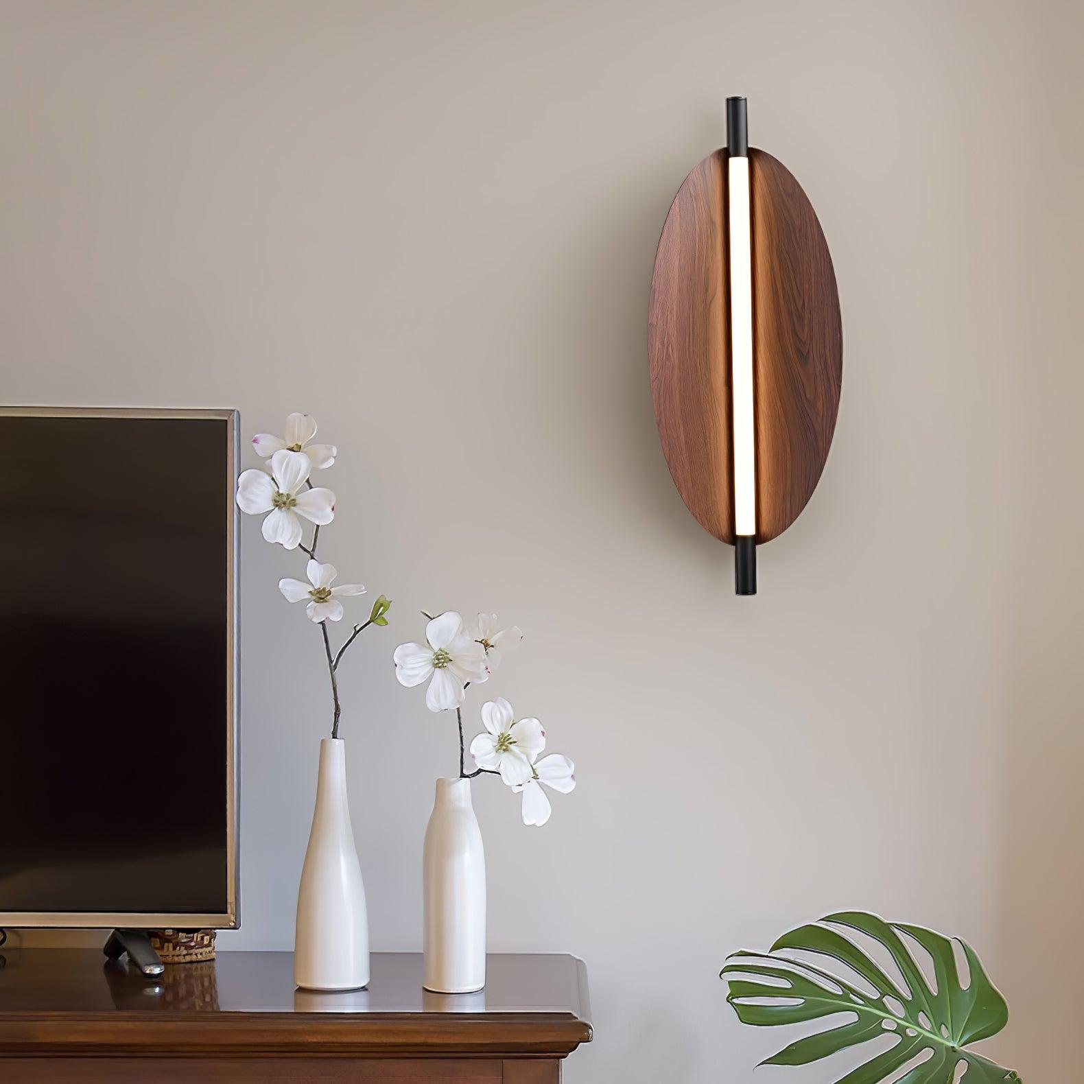 Modern Walnut Wood Grain LED Wall Sconce with Sleek Minimalist Board Design and Warm Lighting