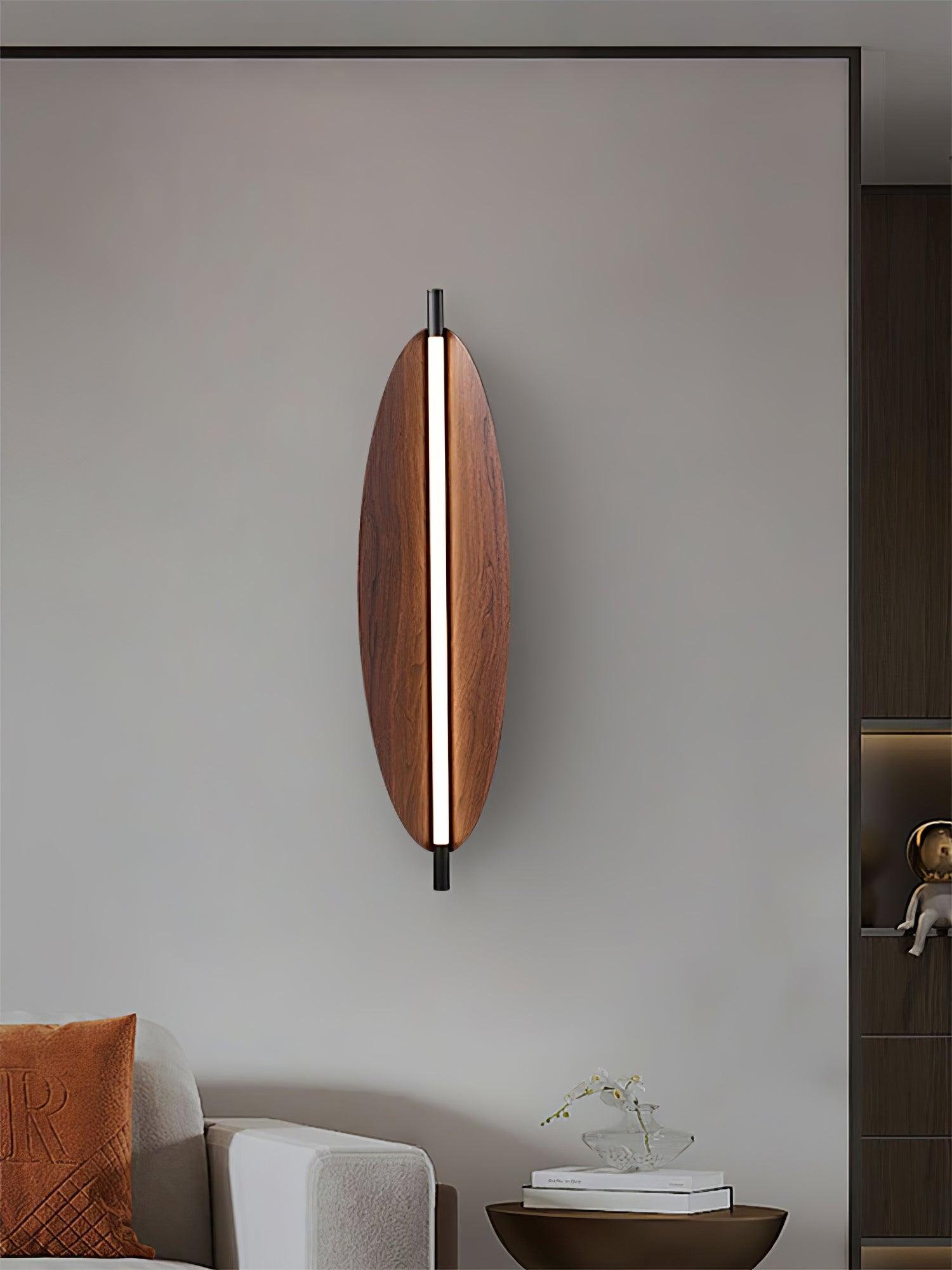Modern Walnut Wood Grain LED Wall Sconce with Sleek Minimalist Board Design and Warm Lighting