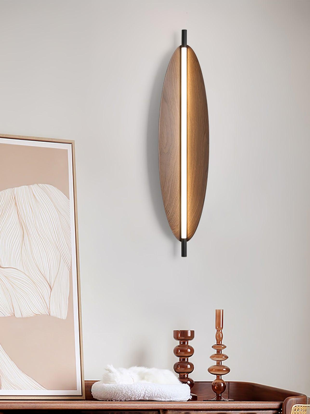 Modern Walnut Wood Grain LED Wall Sconce with Sleek Minimalist Board Design and Warm Lighting