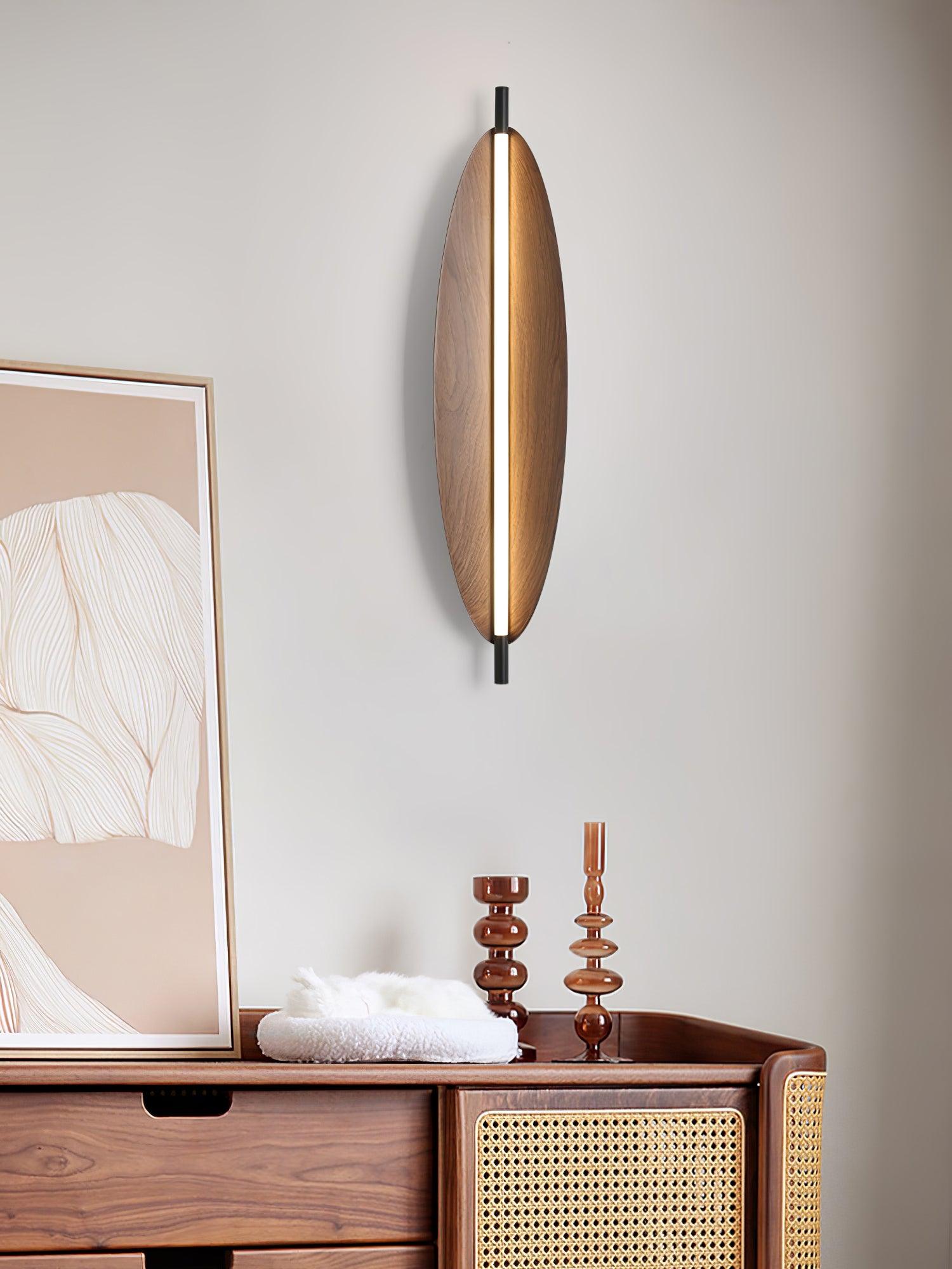 Modern Walnut Wood Grain LED Wall Sconce with Sleek Minimalist Board Design and Warm Lighting