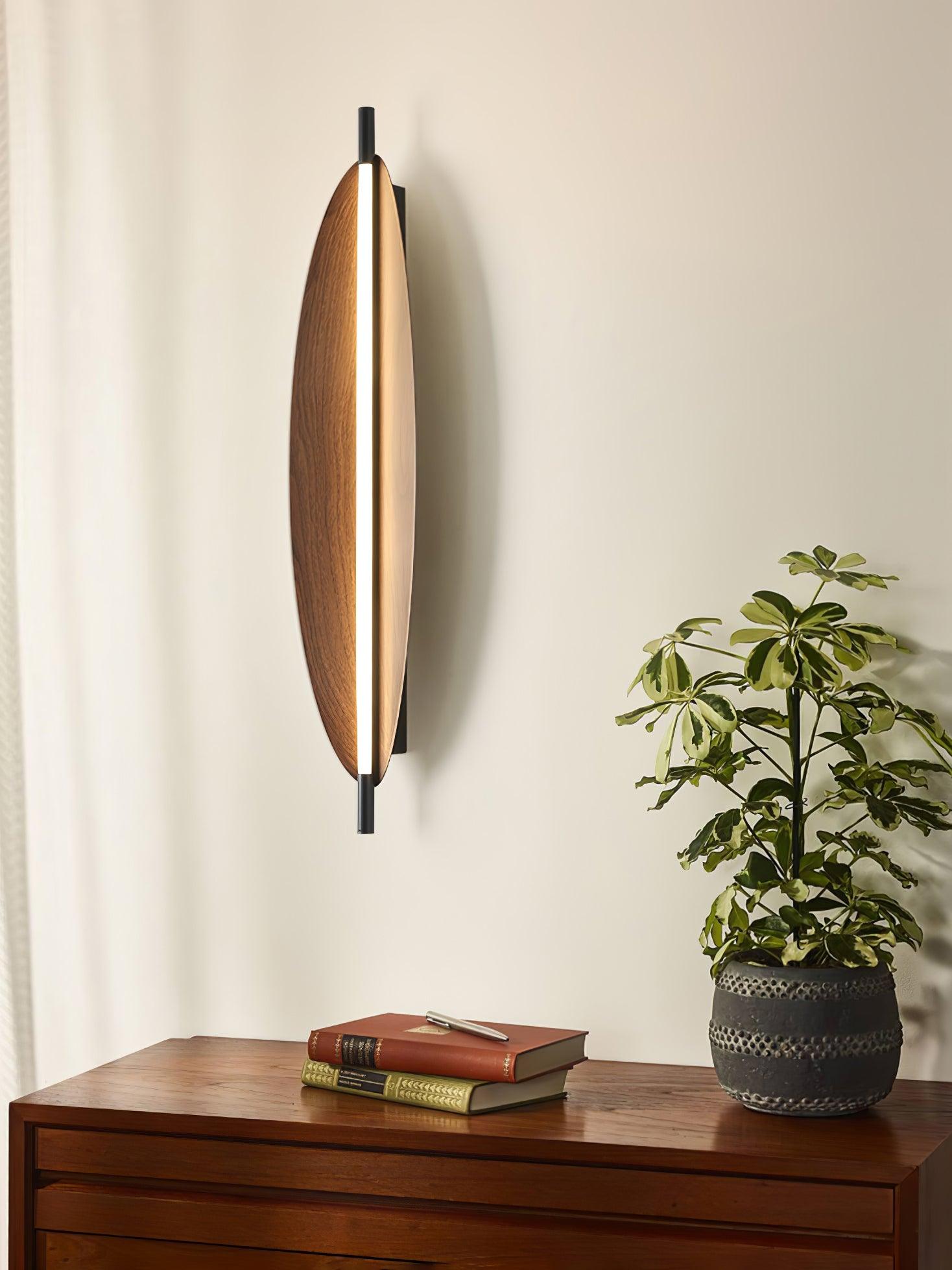 Modern Walnut Wood Grain LED Wall Sconce with Sleek Minimalist Board Design and Warm Lighting